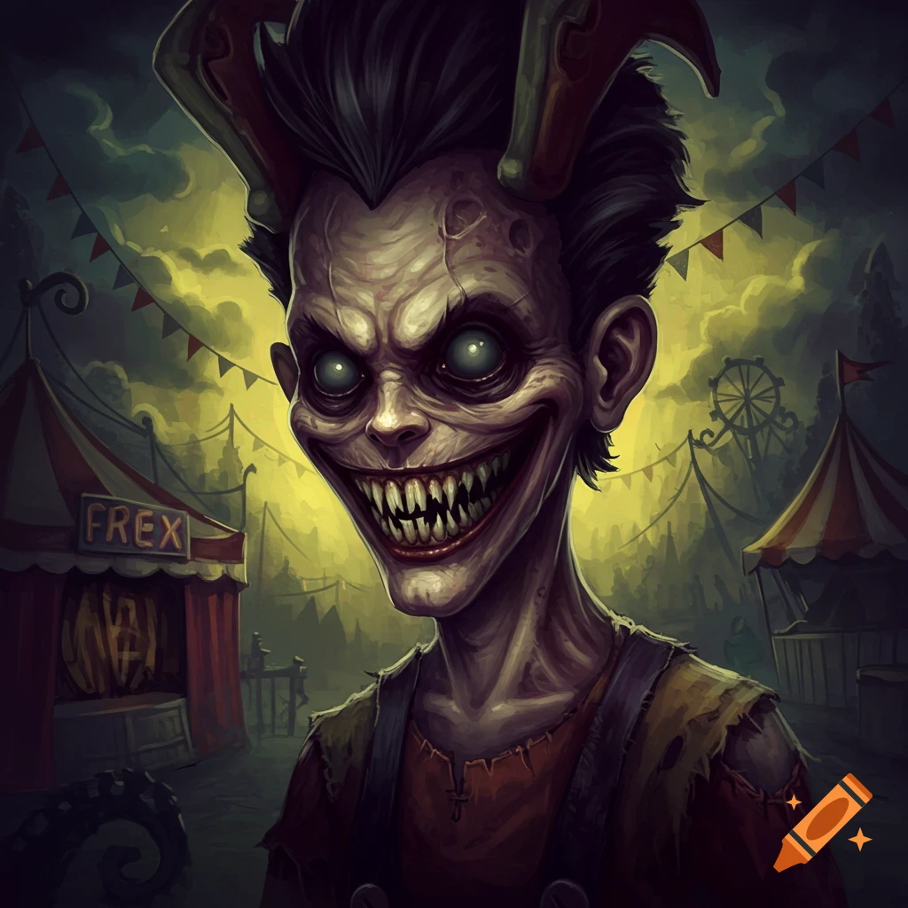 Creepy carnival character with sharp teeth and horns in a spooky, painterly style.