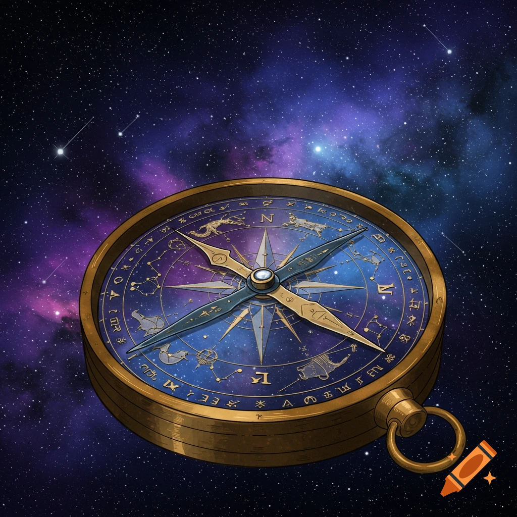 A celestial compass with zodiac signs on its face floats against a vibrant starry galaxy background.
