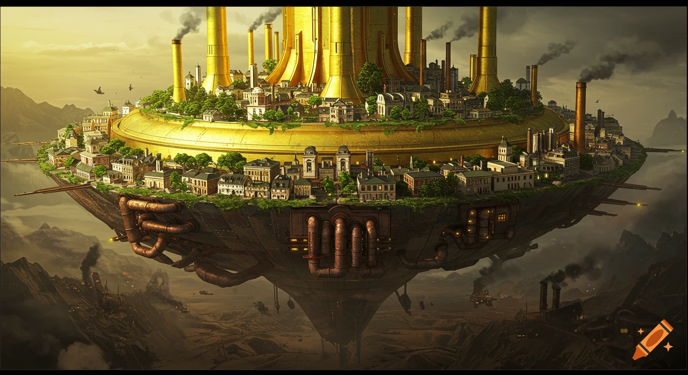 A flying steampunk city with golden towers and greenery floats above a ...