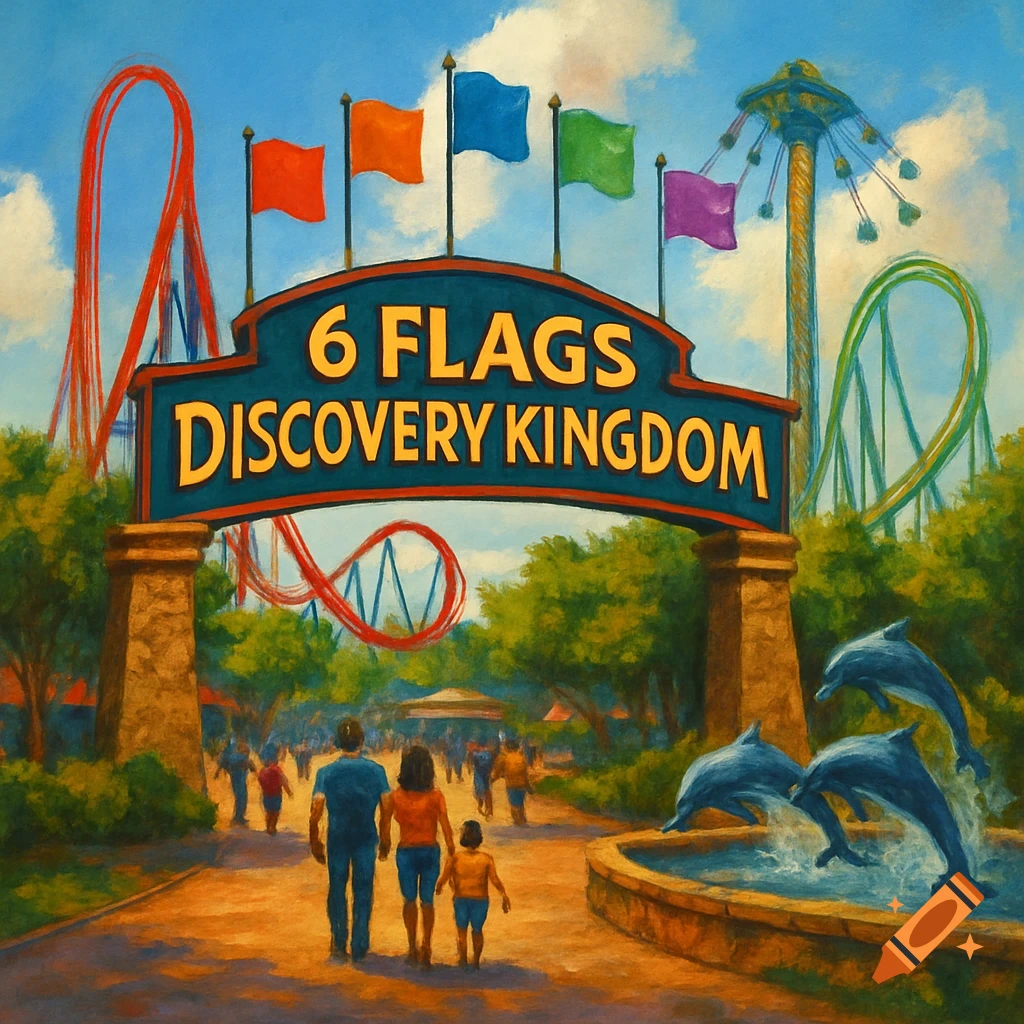 Painterly view of Six Flags Discovery Kingdom entrance with sign, rollercoasters, swing ride, and dolphins in a fountain.