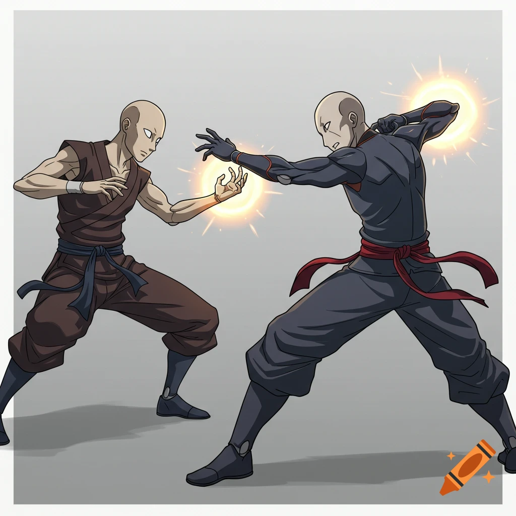 Two bald anime characters in martial arts stances with glowing energy spheres in their hands.