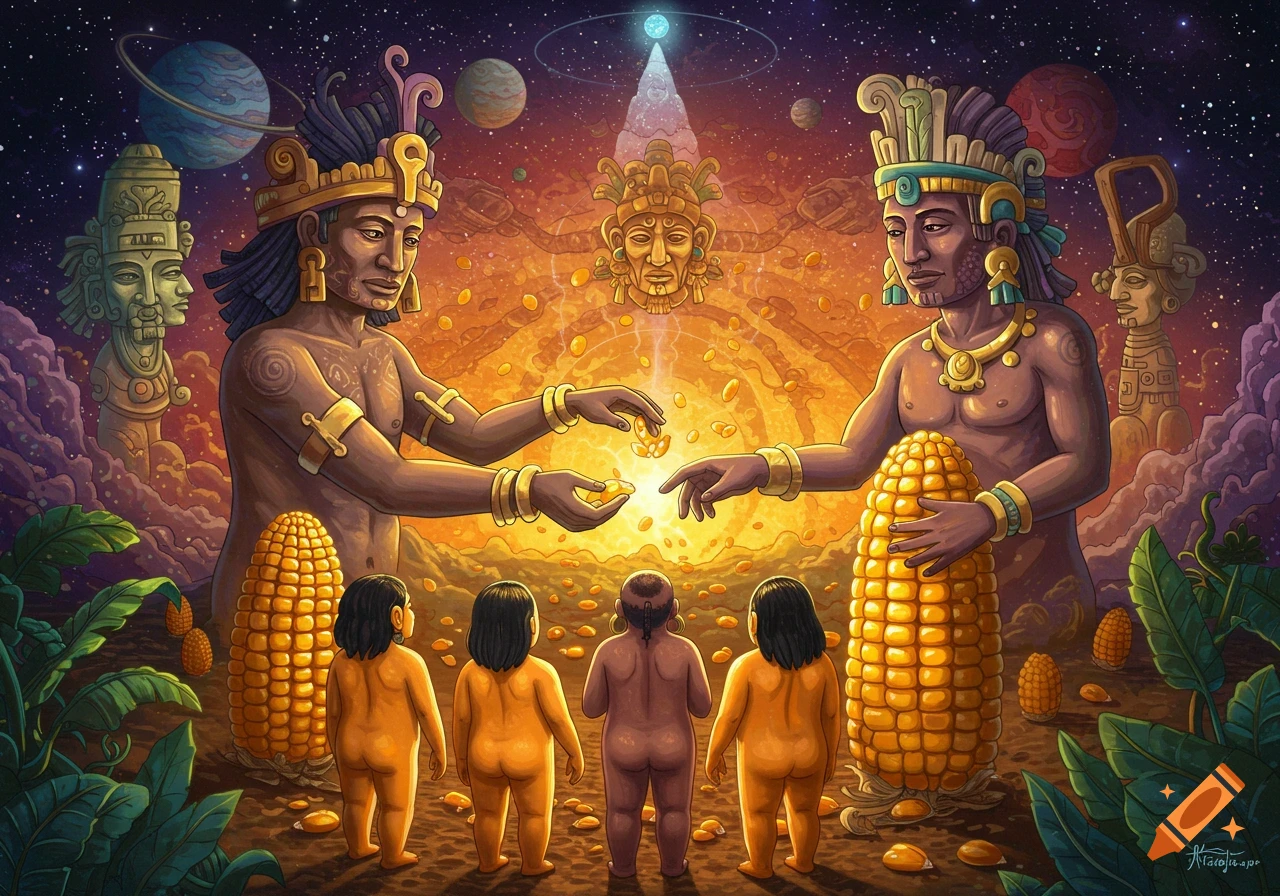 Illustrative depiction of two deities creating humans from maize under a starry sky.