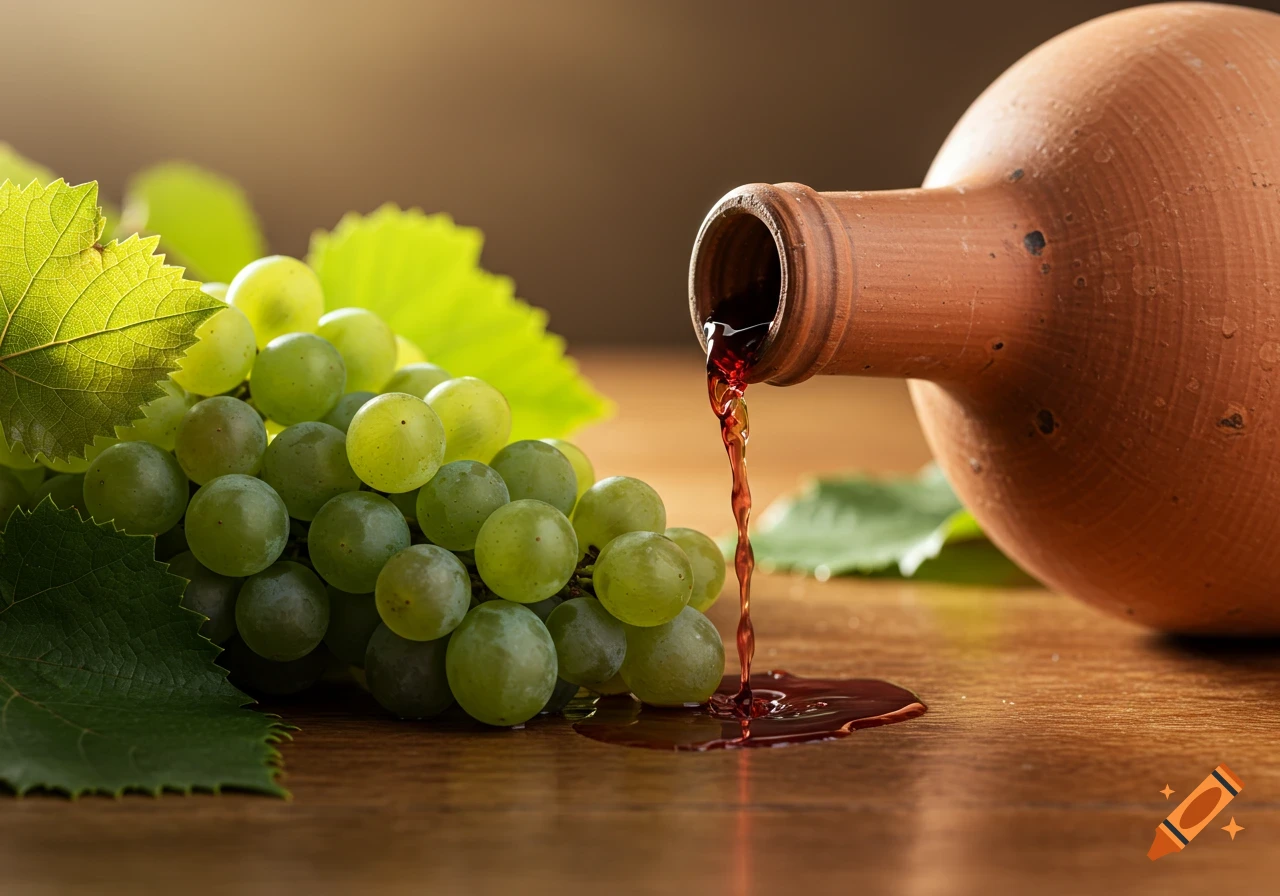 Green grapes beside a clay jug pouring red wine onto a wooden table