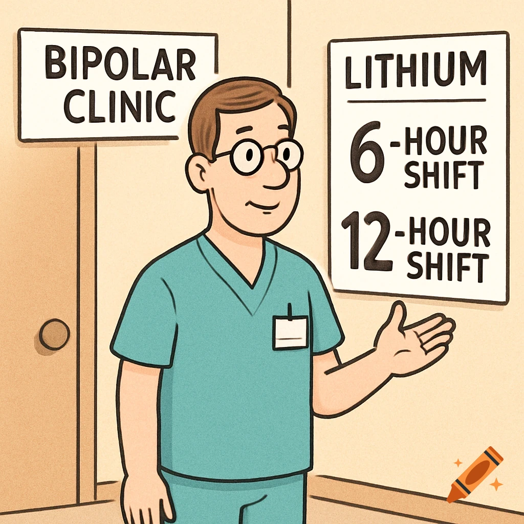 Cartoon doctor/nurse pointing at signs for Bipolar Clinic and Lithium shifts.
