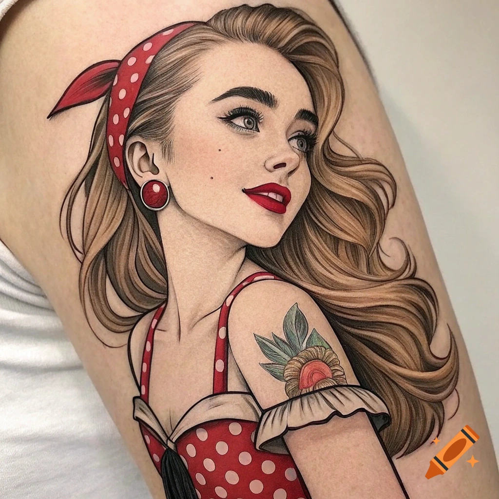 Close-up of a pin-up woman tattoo on skin with red polka dots