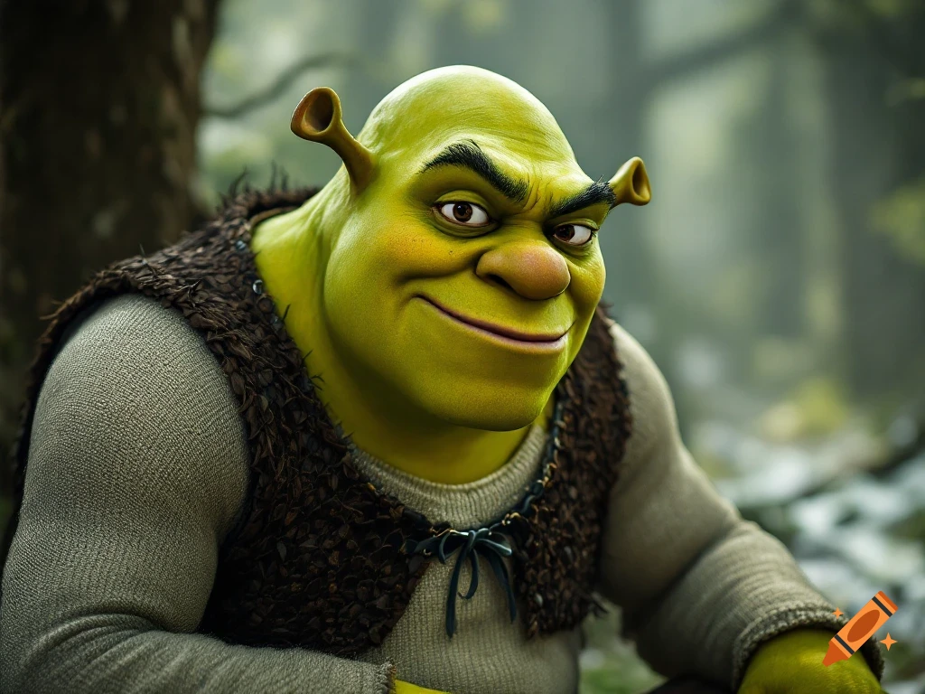Close-up portrait of Shrek smiling in a forest background.