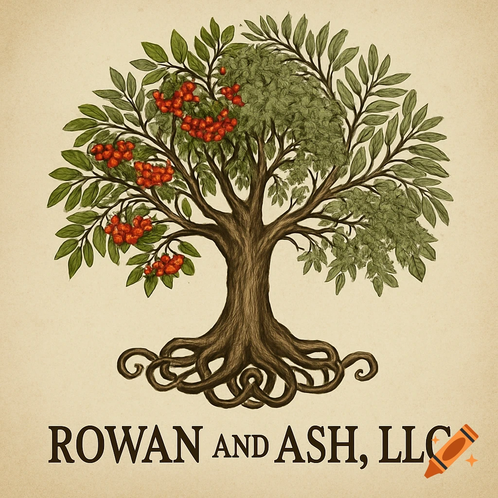 Stylized tree with berries and roots, text 'ROWAN AND ASH, LLC' below. Logo style.