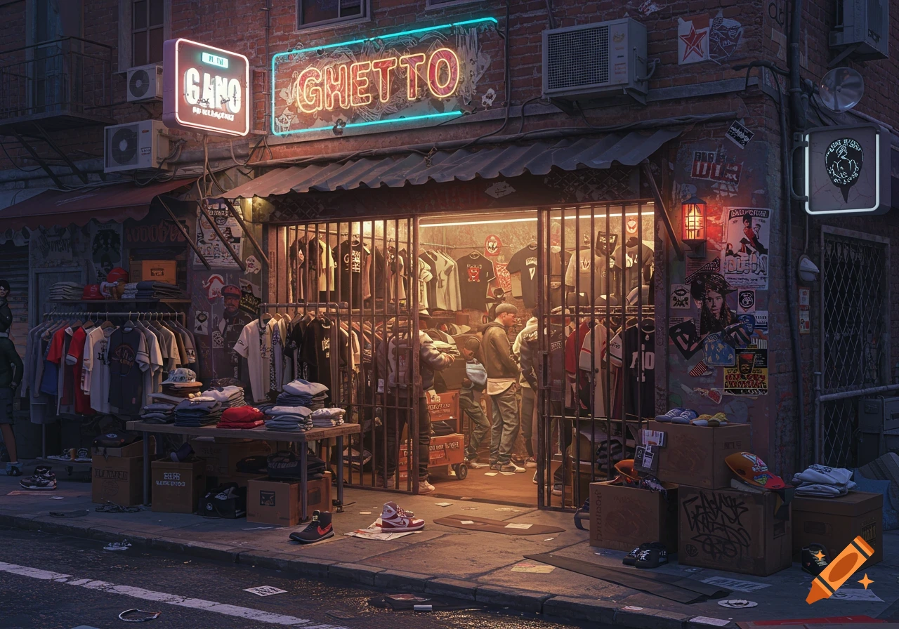 A dimly lit urban clothing store at night, viewed from the sidewalk. Neon signs hang above the entrance.