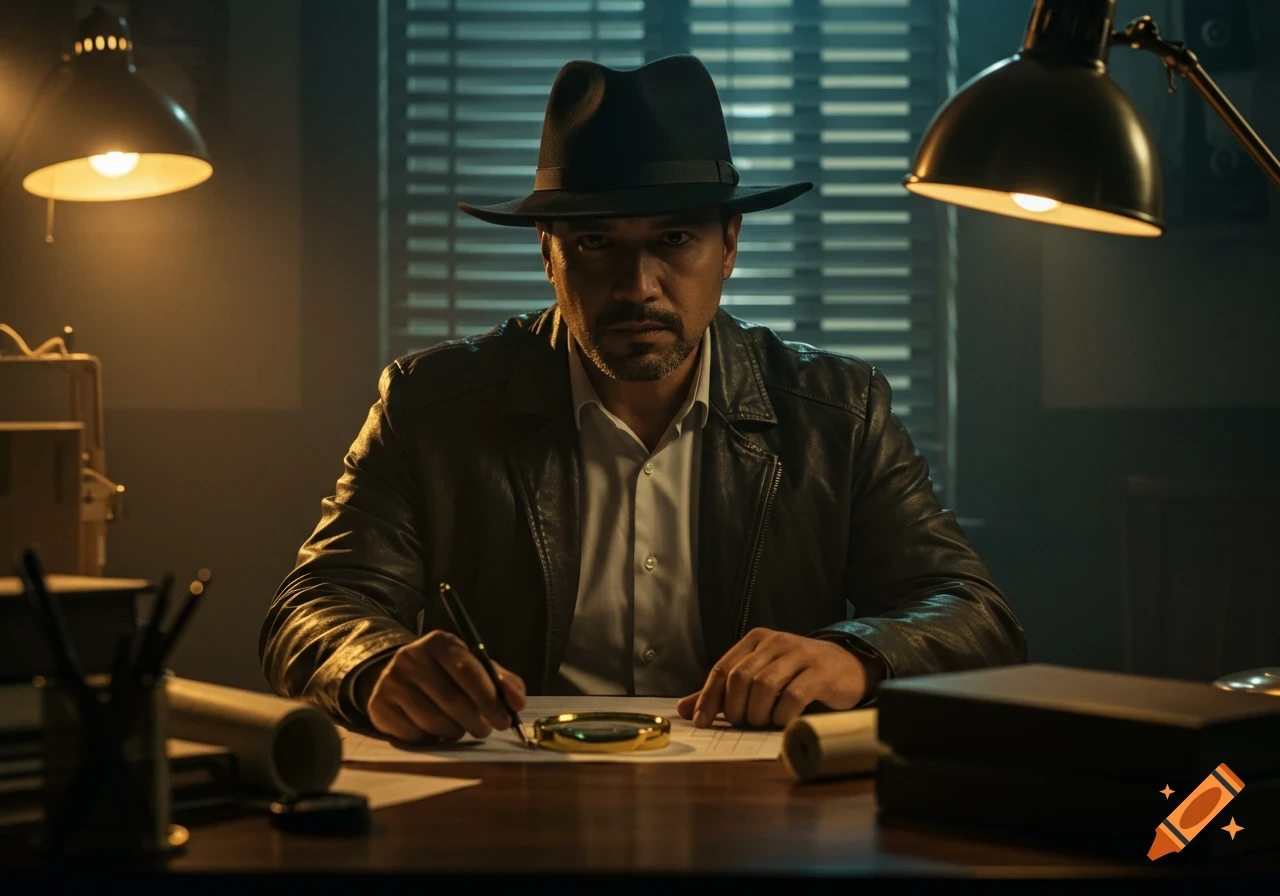 A detective in a hat and leather jacket sits at a desk writing, with a magnifying glass nearby.