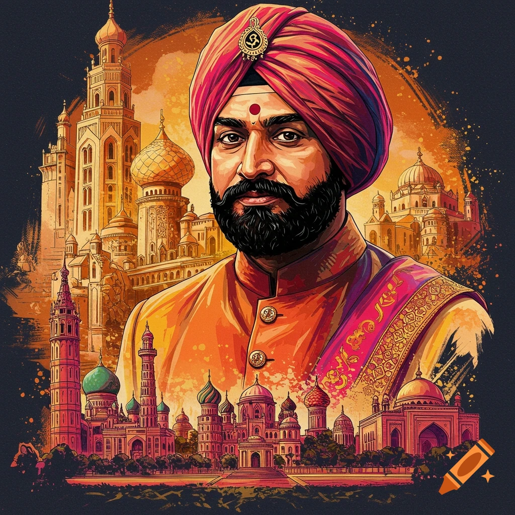 Illustration of a man with a red turban and beard against a backdrop of ornate golden architecture