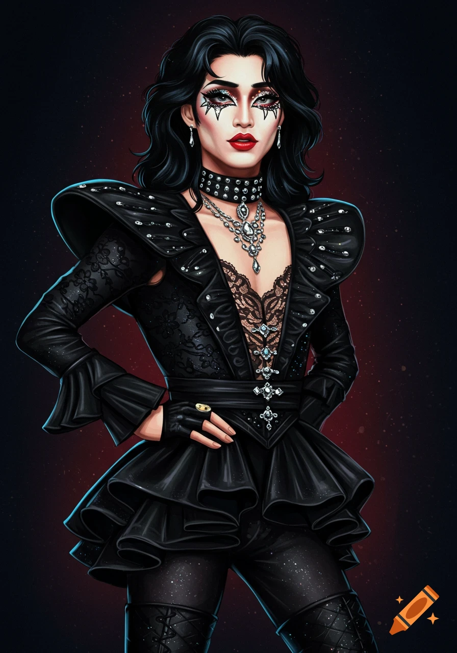 Illustration of a person in drag wearing a black studded costume, dramatic makeup, and jewelry.