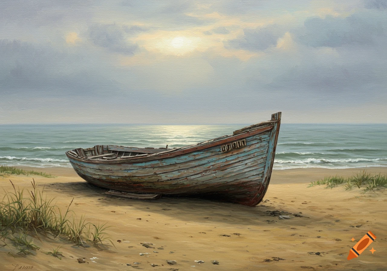 Oil painting of a run-down boat on a sandy beach by the sea under a cloudy sky.