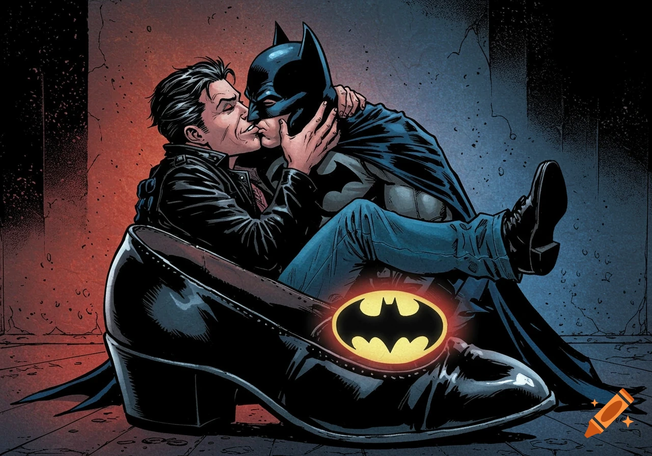 Comic book style art of Batman kissing another character, with a giant shoe featuring the bat symbol in the foreground.