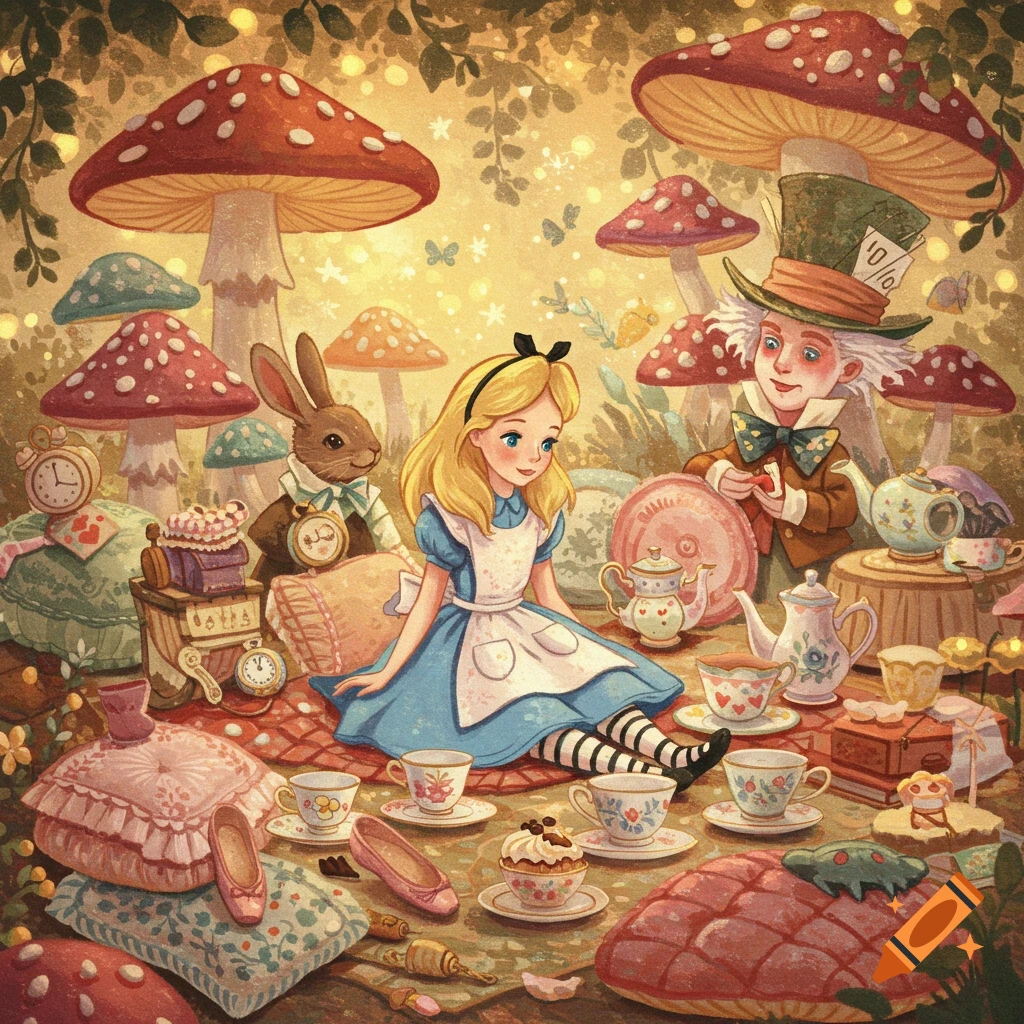 Whimsical illustration of Alice, the March Hare, and the Mad Hatter at a tea party in a mushroom forest.