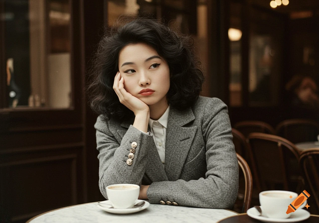 A woman with shoulder-length hair sits at a cafe table, leaning on her hand, looking bored. Vintage photograph style.
