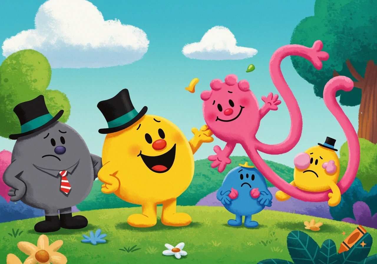 Mr. Men characters in a park scene