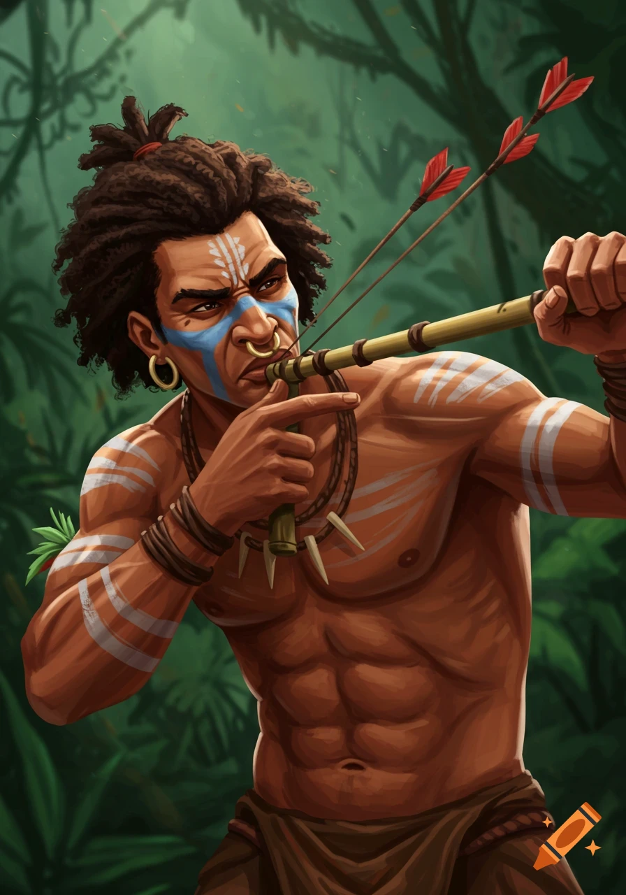 Tribal man with face paint and nose ring blowing a dart gun in a jungle setting.