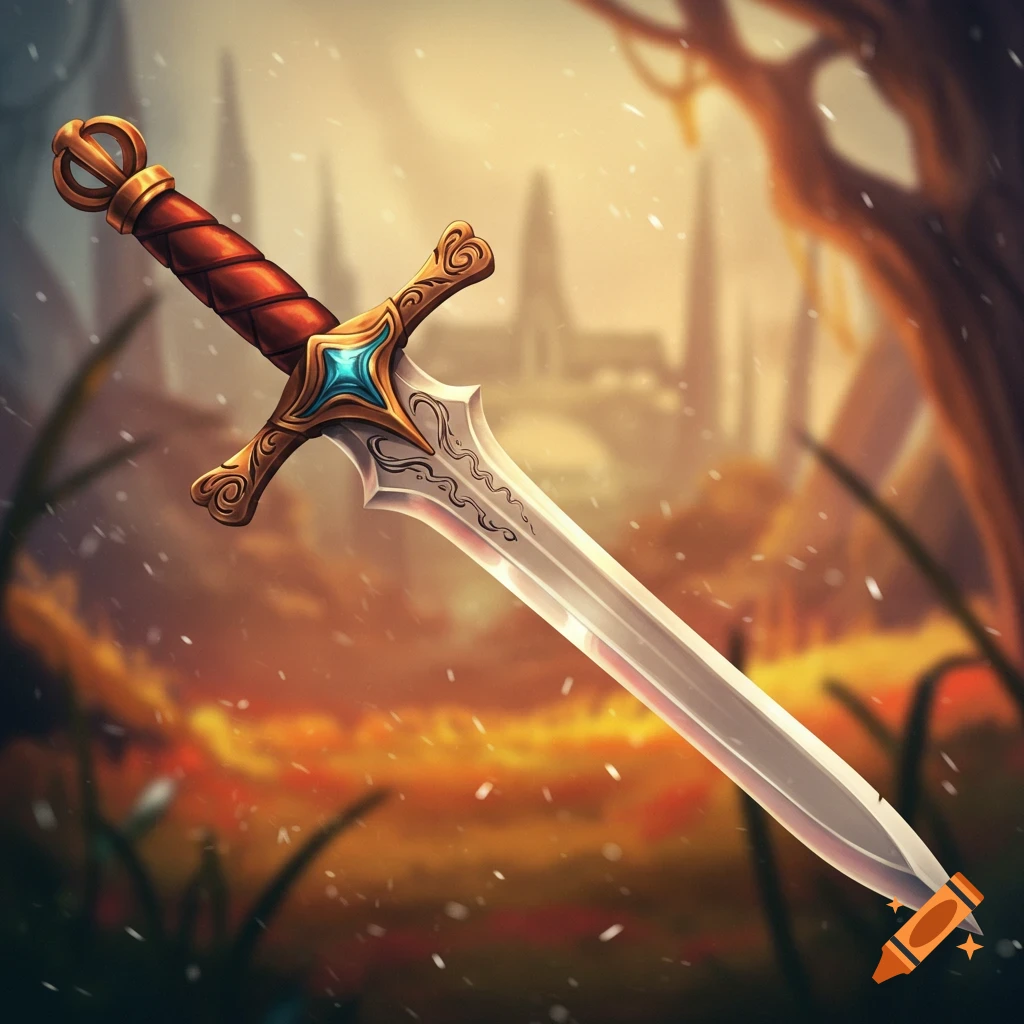 A decorative fantasy shortsword in a magical landscape.