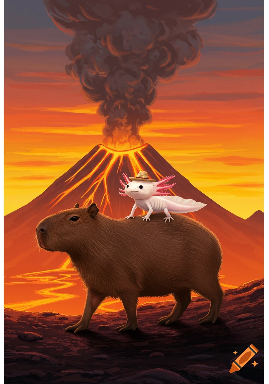 An axolotl wearing a hat rides a capybara in front of an erupting volcano.