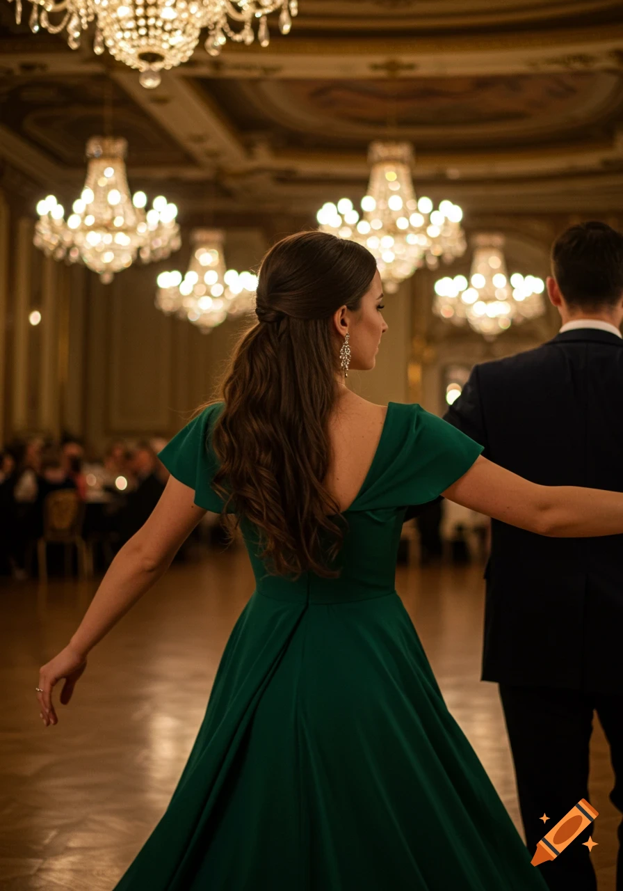 A woman in a green dress and a man in a suit dance in a ballroom with chandeliers