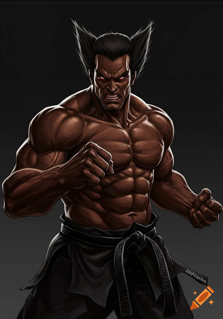 Muscular dark-skinned man resembling Heihachi in a fighting pose