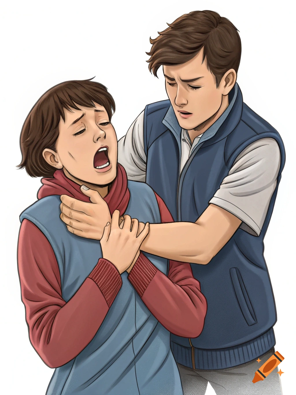 An illustration of one person appearing to choke while another person assists them.