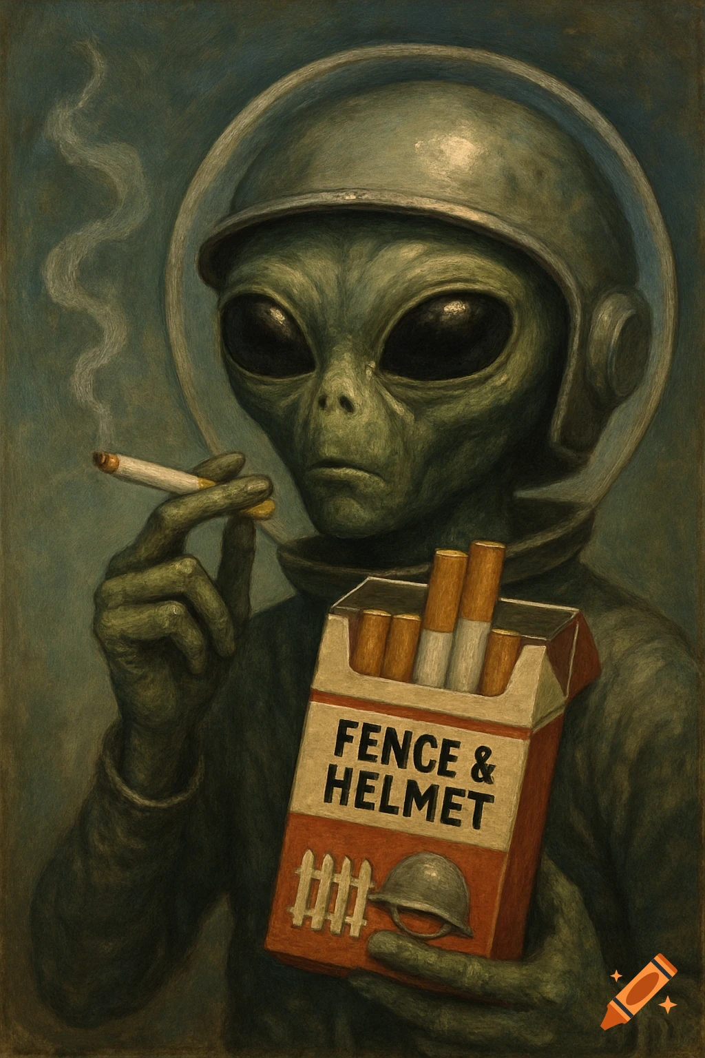 Painting of a green alien in a helmet smoking a cigarette and holding a pack of 'Fence & Helmet' cigarettes.