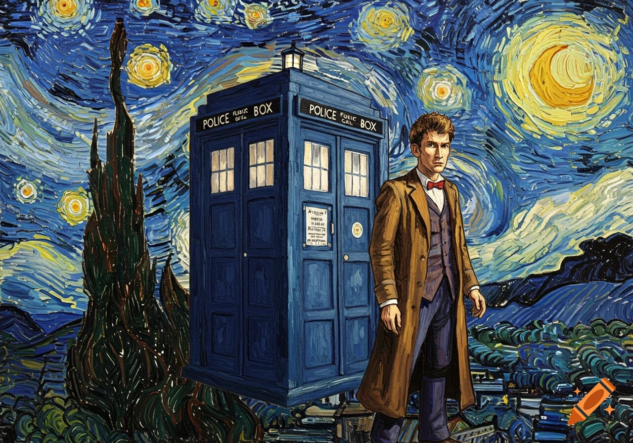 A character in a brown coat and bow tie stands beside a blue police box in the style of Van Gogh's Starry Night.