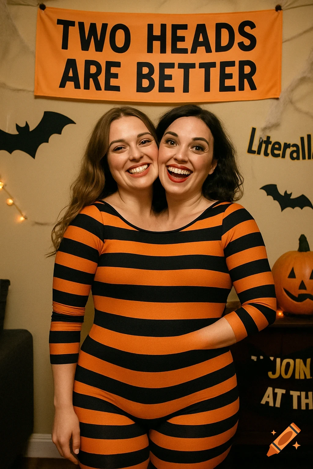 Two women in a two-headed Halloween costume wearing orange and black stripes