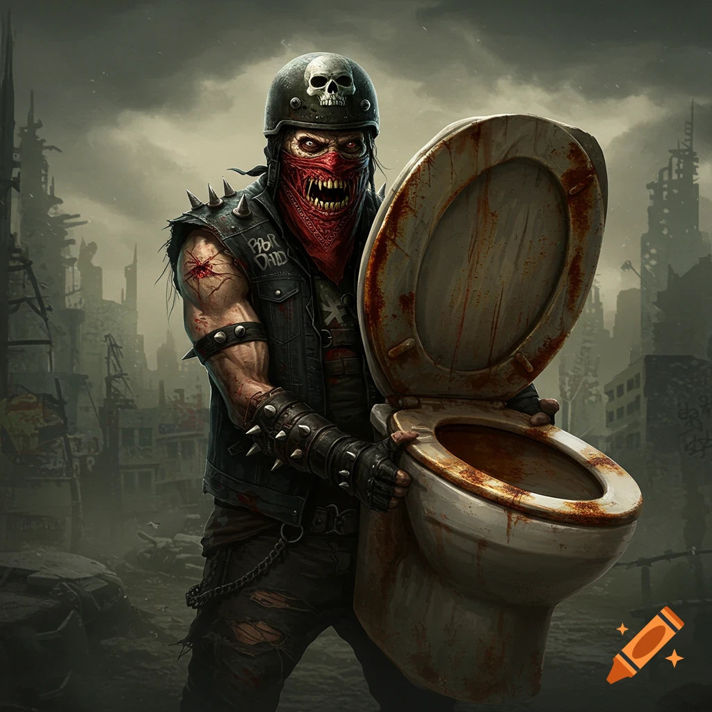 Scary creature in biker gear holding a toilet in a ruined city, dark fantasy art.