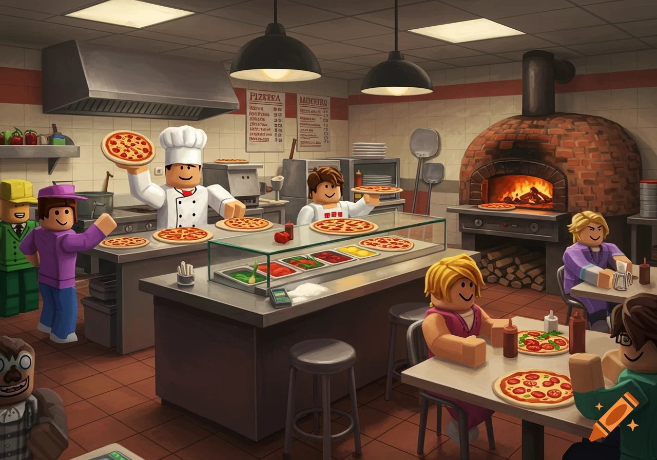 Roblox-style characters making and eating pizza in a realistic pizza restaurant.