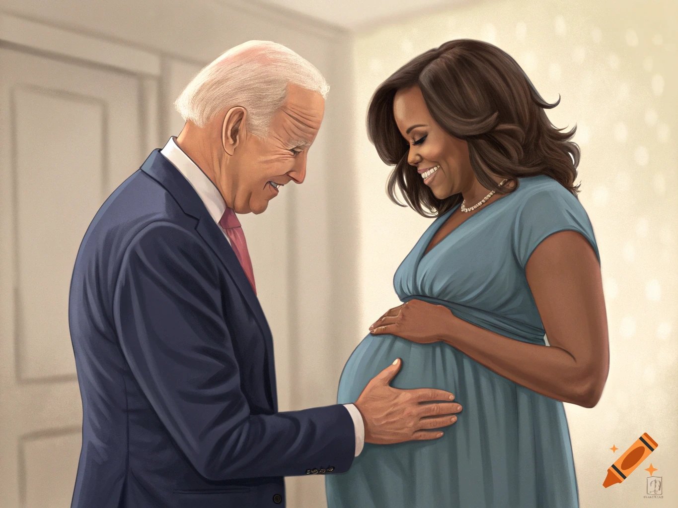 Painting of Joe Biden touching Michelle Obama's pregnant belly.
