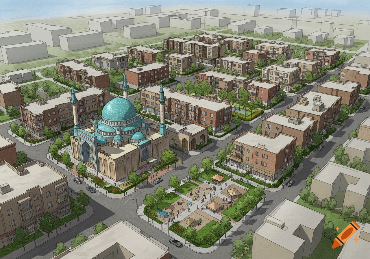 Overhead architectural drawing of a neighborhood with a mosque, apartment buildings, parks, and streets.