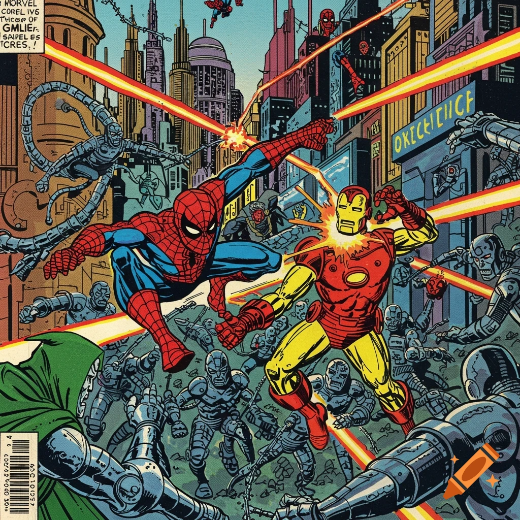Spider-Man and Iron Man battle Doctor Octopus, Doctor Doom, and robots in a comic book style city scene.