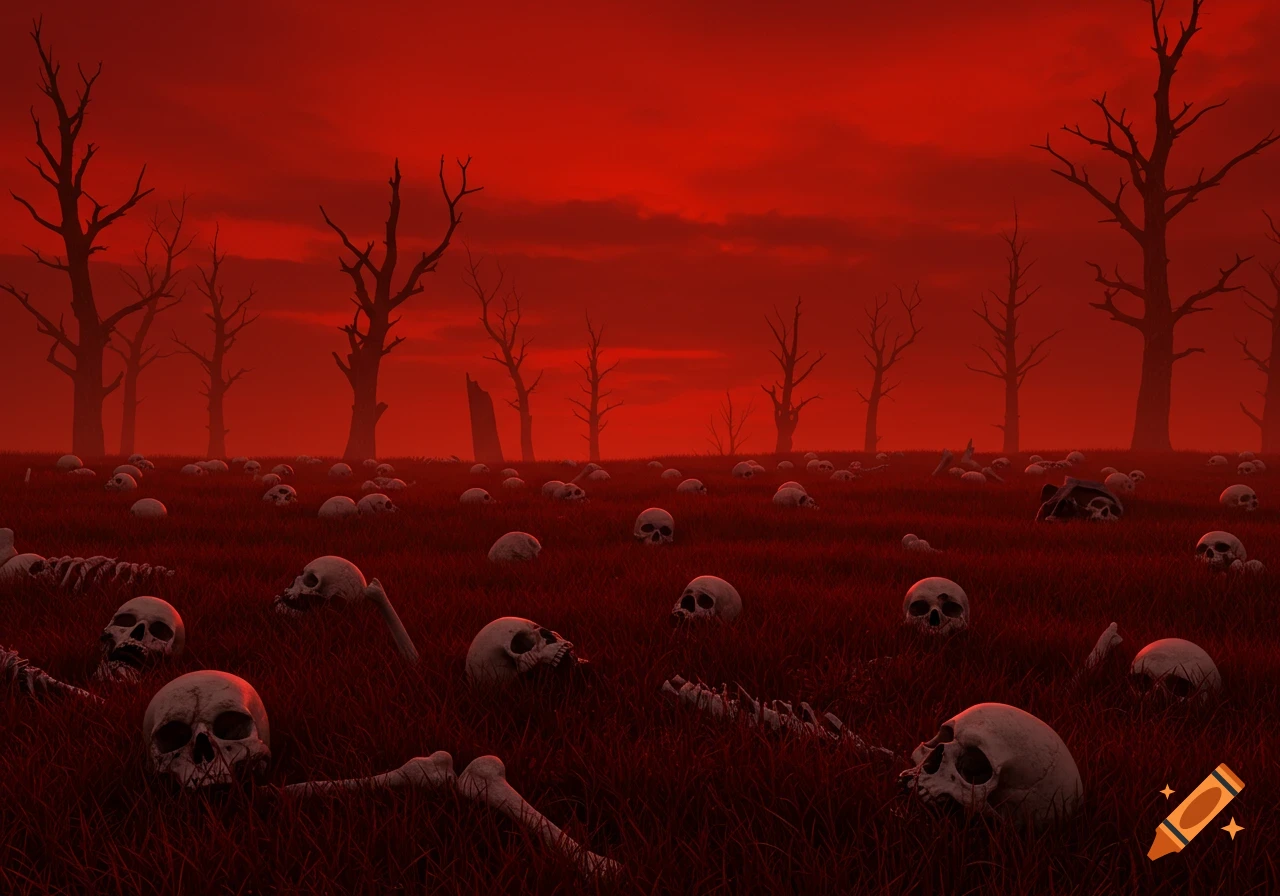 Field of skulls and bones under a red sky with dead trees.