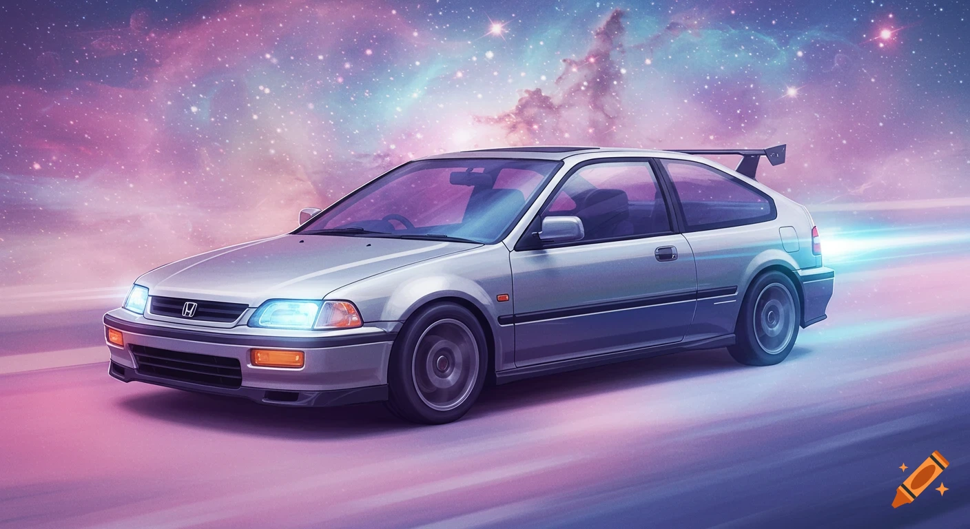Silver Honda Civic drives through a starry purple and blue space scene with motion blur.