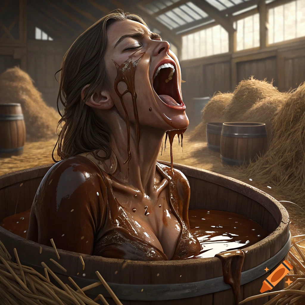 Woman screaming, covered in molasses in a barrel in a barn.