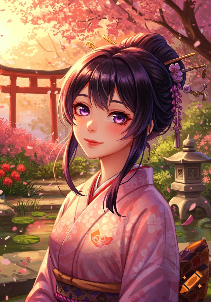 Anime woman in a pink kimono in a cherry blossom garden with a torii gate