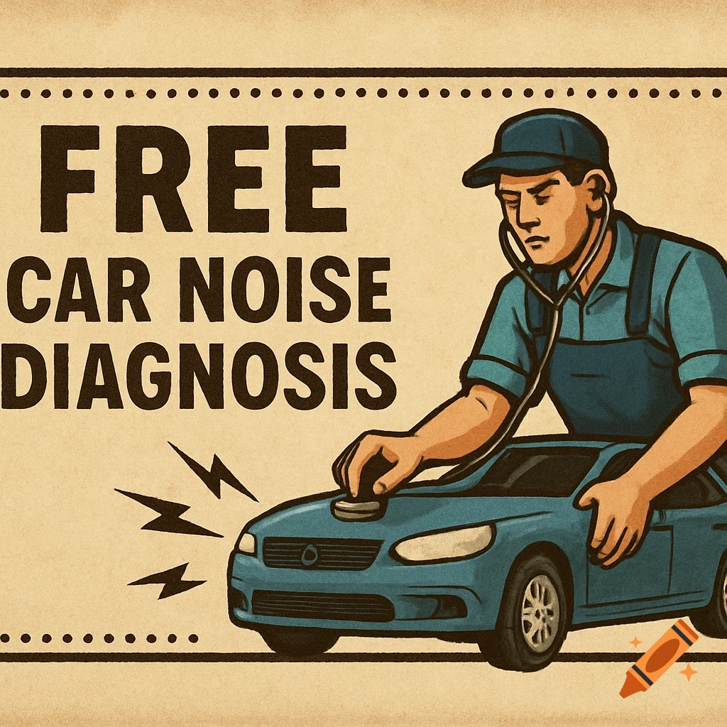 Vintage style poster shows a mechanic using a stethoscope on a blue car. Text reads: FREE CAR NOISE DIAGNOSIS.