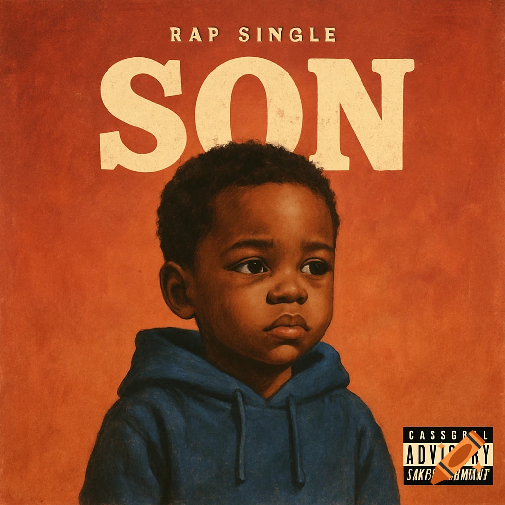 Album cover for a rap single titled SON, featuring a portrait of a young boy in a blue hoodie in a vintage illustration style.