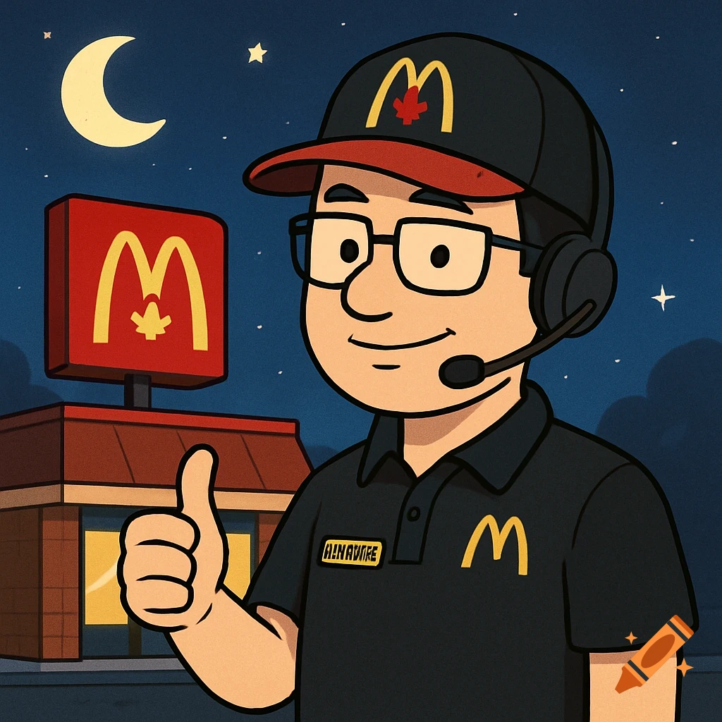 Cartoon of a McDonald's Canada manager in uniform with a headset, glasses, giving a thumbs up in front of a restaurant sign at night.