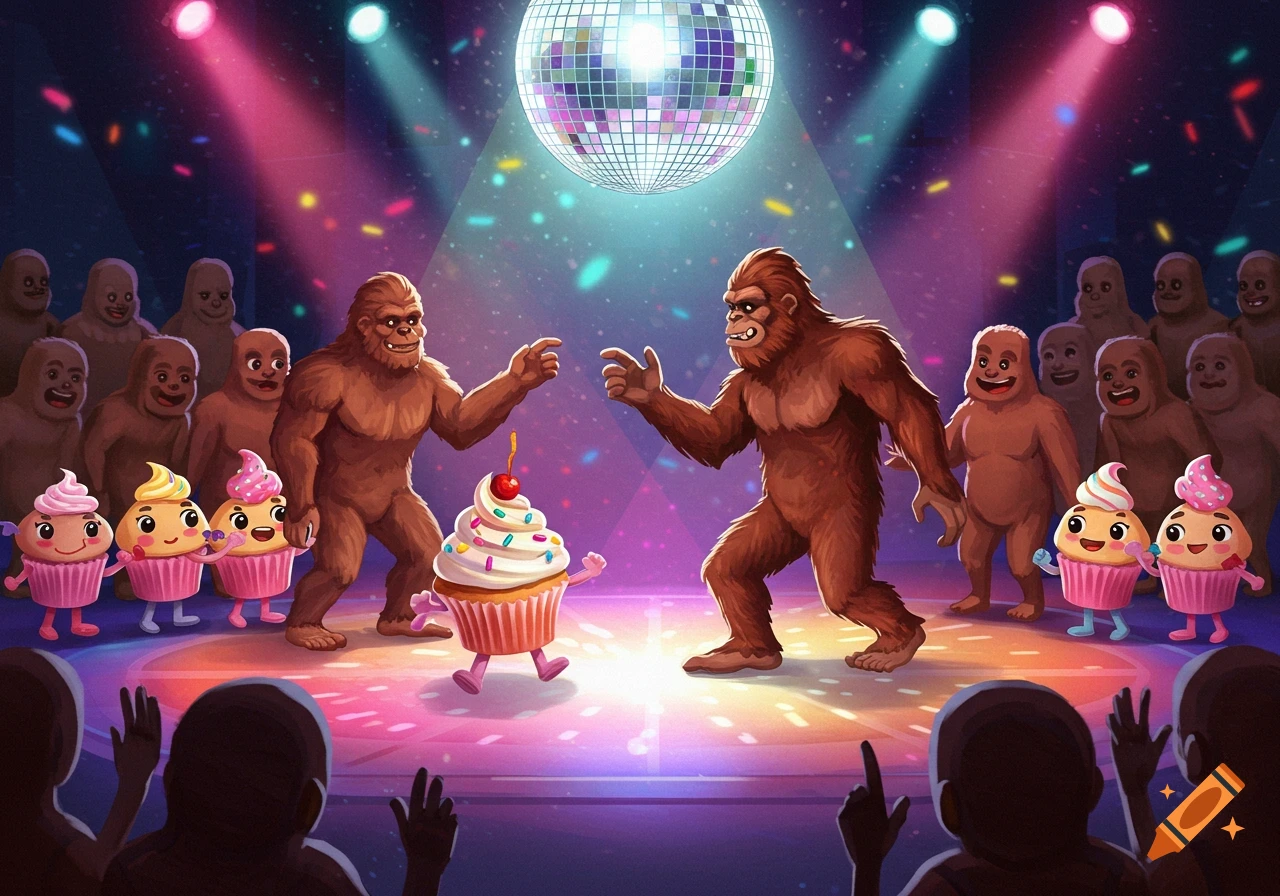 Two Bigfoots and a cupcake dance on stage under a disco ball, with audience members watching in a cartoon style.