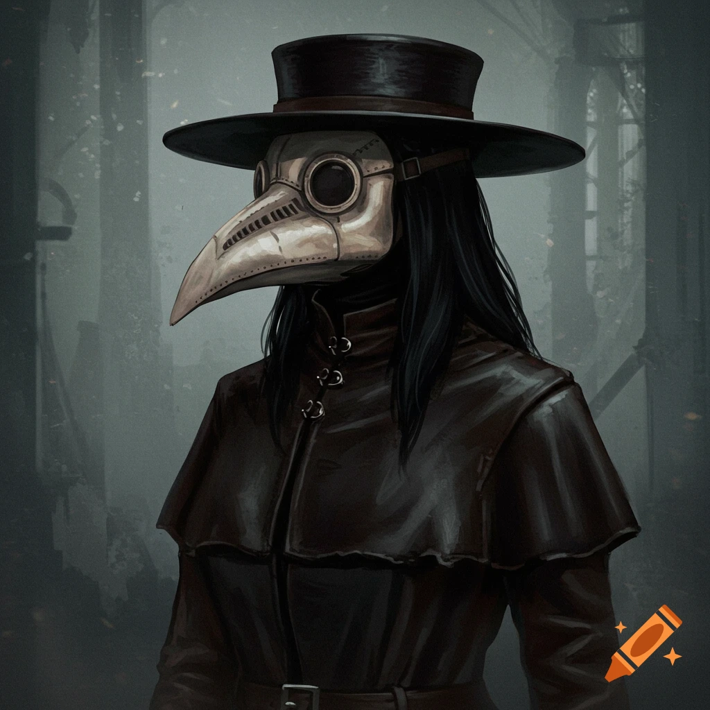 Illustration of a plague doctor wearing a hat and mask in a dark, foggy ...