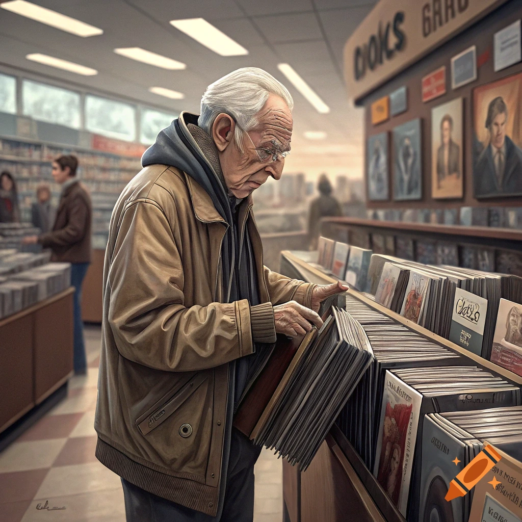 Elderly man browses records in a store.