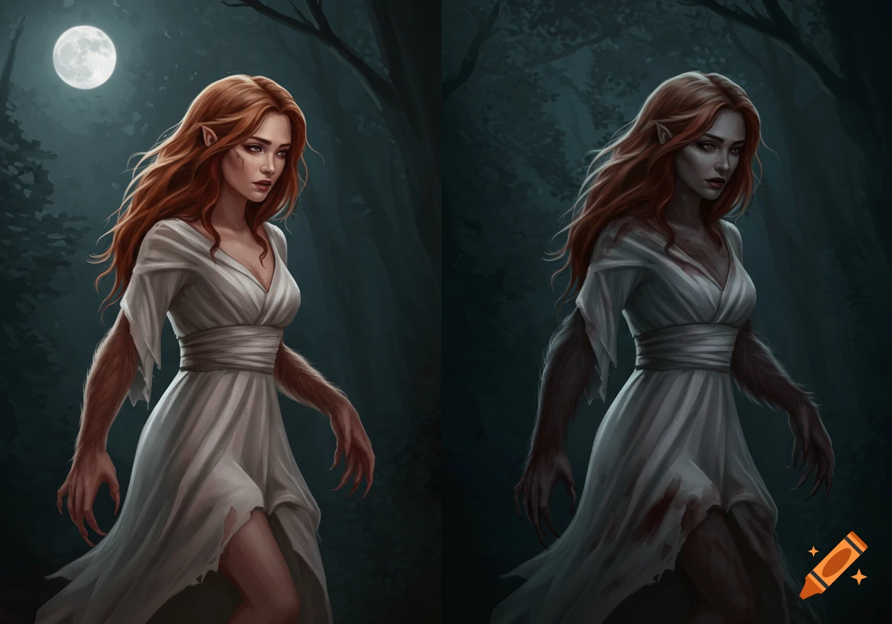 Fantasy art of a woman transforming into a werewolf under a full moon in a dark forest.