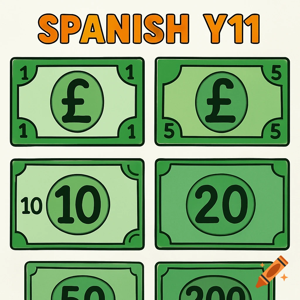Cartoon image of pound currency bills with denominations and the text Spanish Y11.