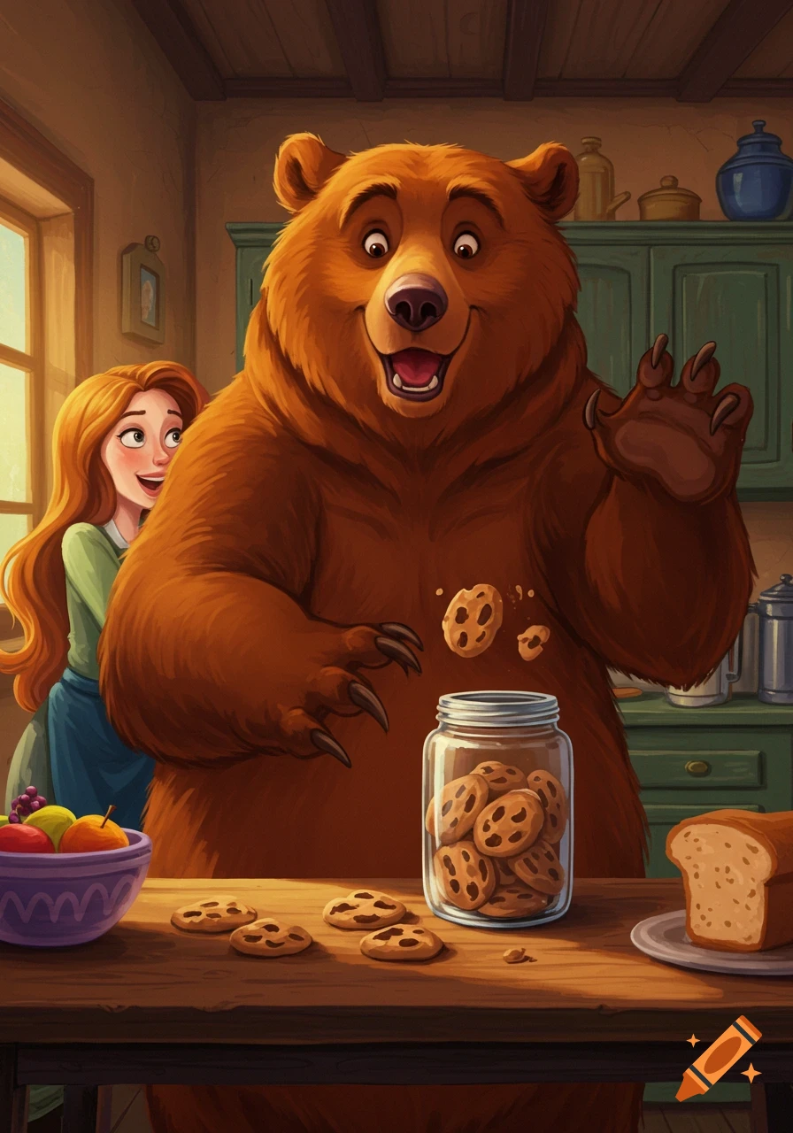 A cartoon illustration of a large brown bear reaching for a jar of cookies while a woman smiles beside him in a kitchen.