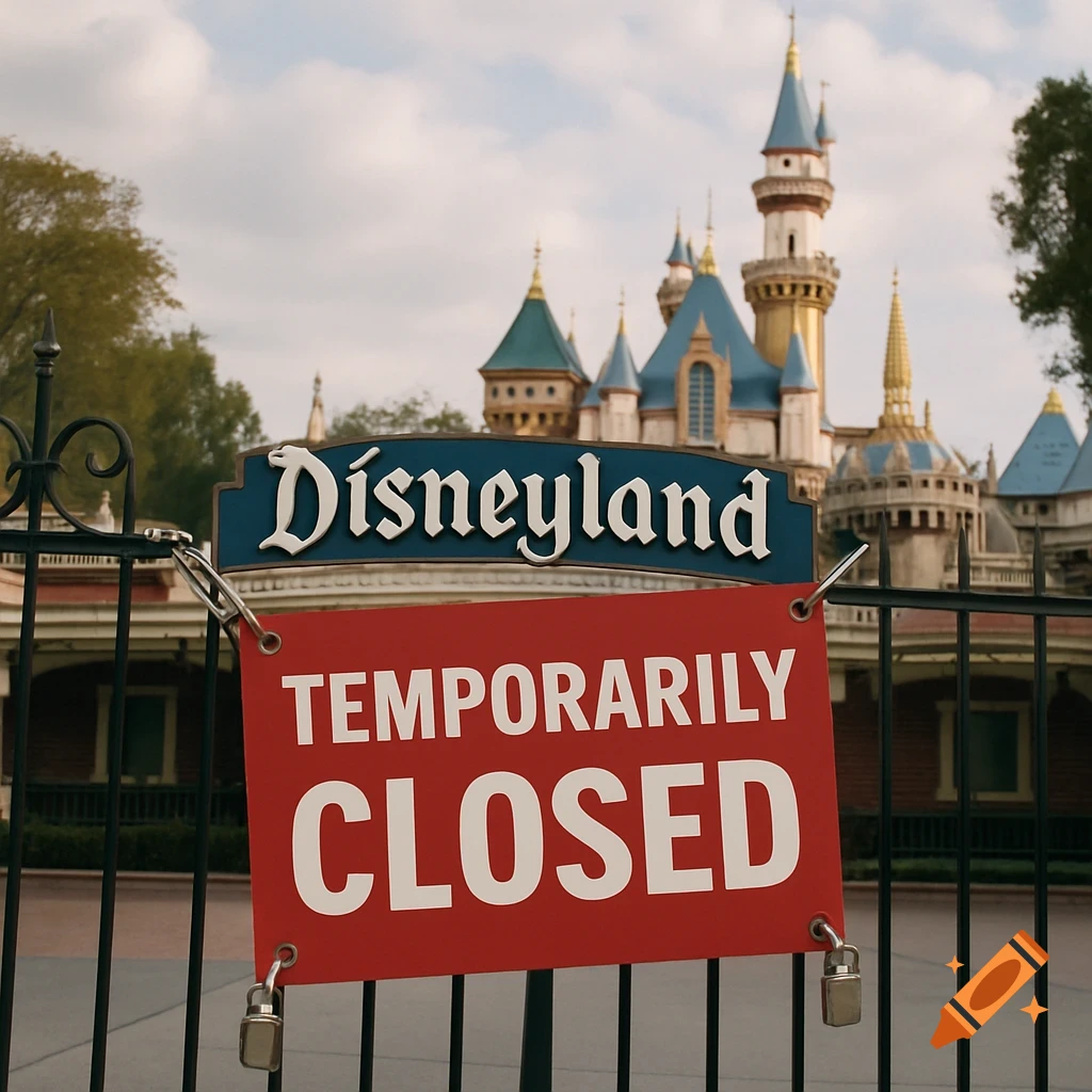 A temporarily closed sign hangs on a fence in front of Disneyland's Sleeping Beauty Castle.