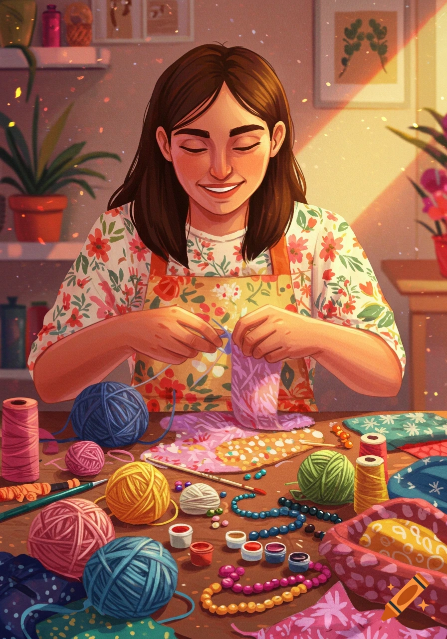 An illustration of a woman crafting surrounded by yarn, beads, and fabric in warm lighting.