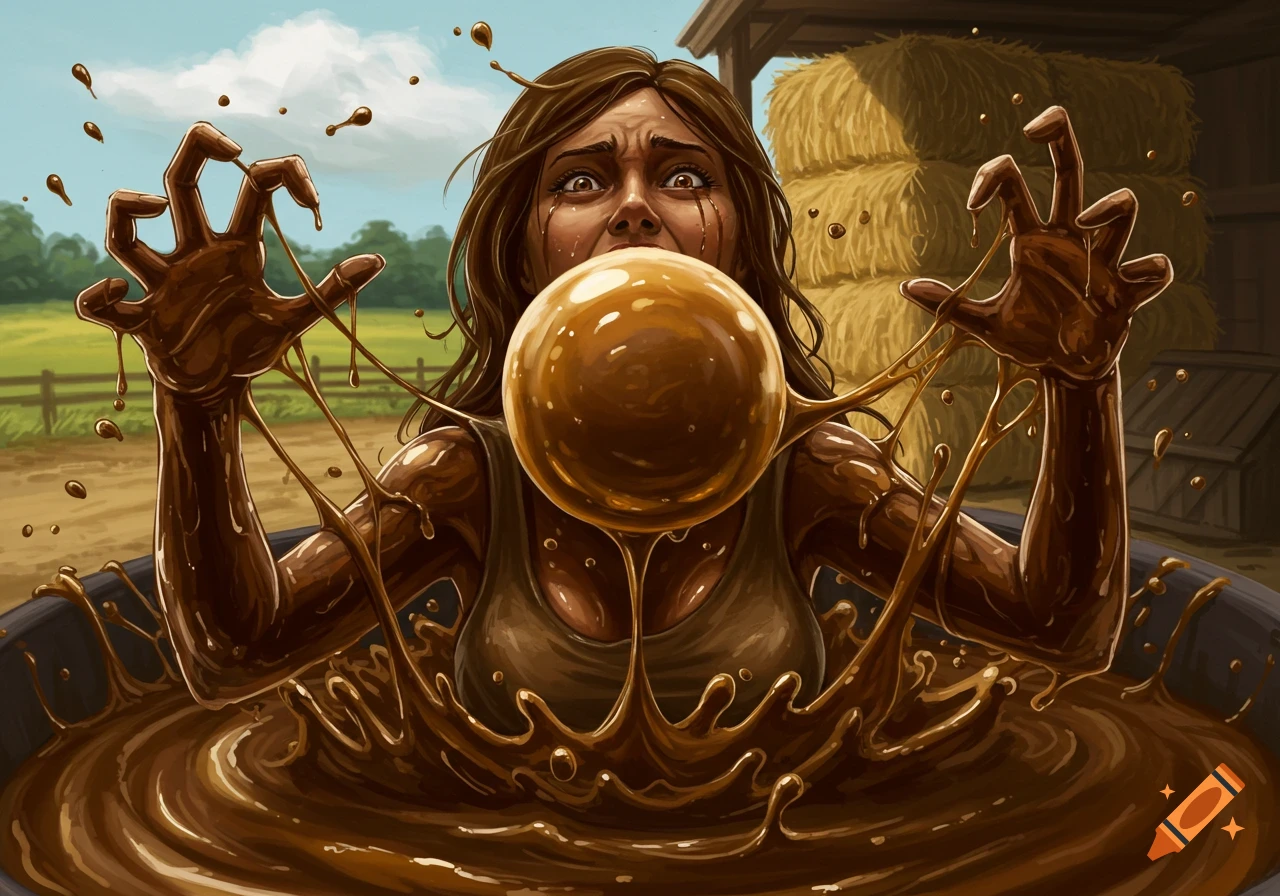 A woman struggles, covered in sticky brown molasses bursting from a vat on a farm. A large bubble obscures her mouth.